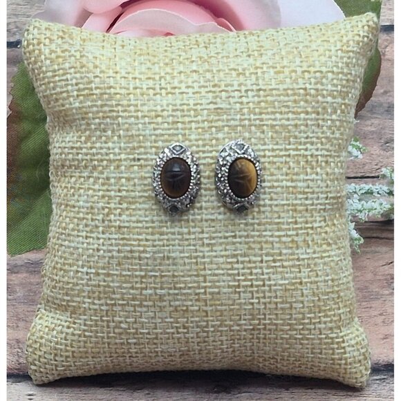 Tiny Minimalist Silver Tone & Tigers Eye Center Stud Earrings .5" Marcasite - Picture 2 of 5